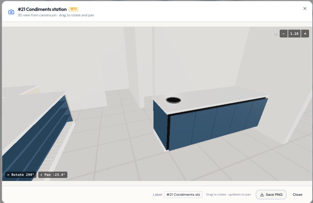 3D camera view of a millwork layout from inside the room
