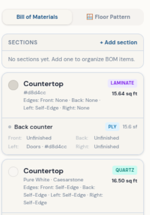 Bill of Materials panel listing countertops with material specs and square footage
