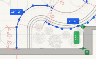 Linear and curved wall measurements shown on a millwork floor plan