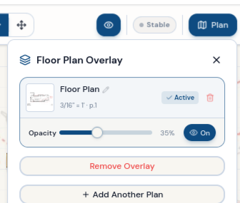 Floor Plan Overlay panel showing a scaled PDF floor plan overlaid on the canvas