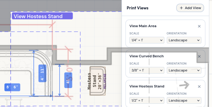Print Views panel showing multiple labeled views with custom scales and orientations